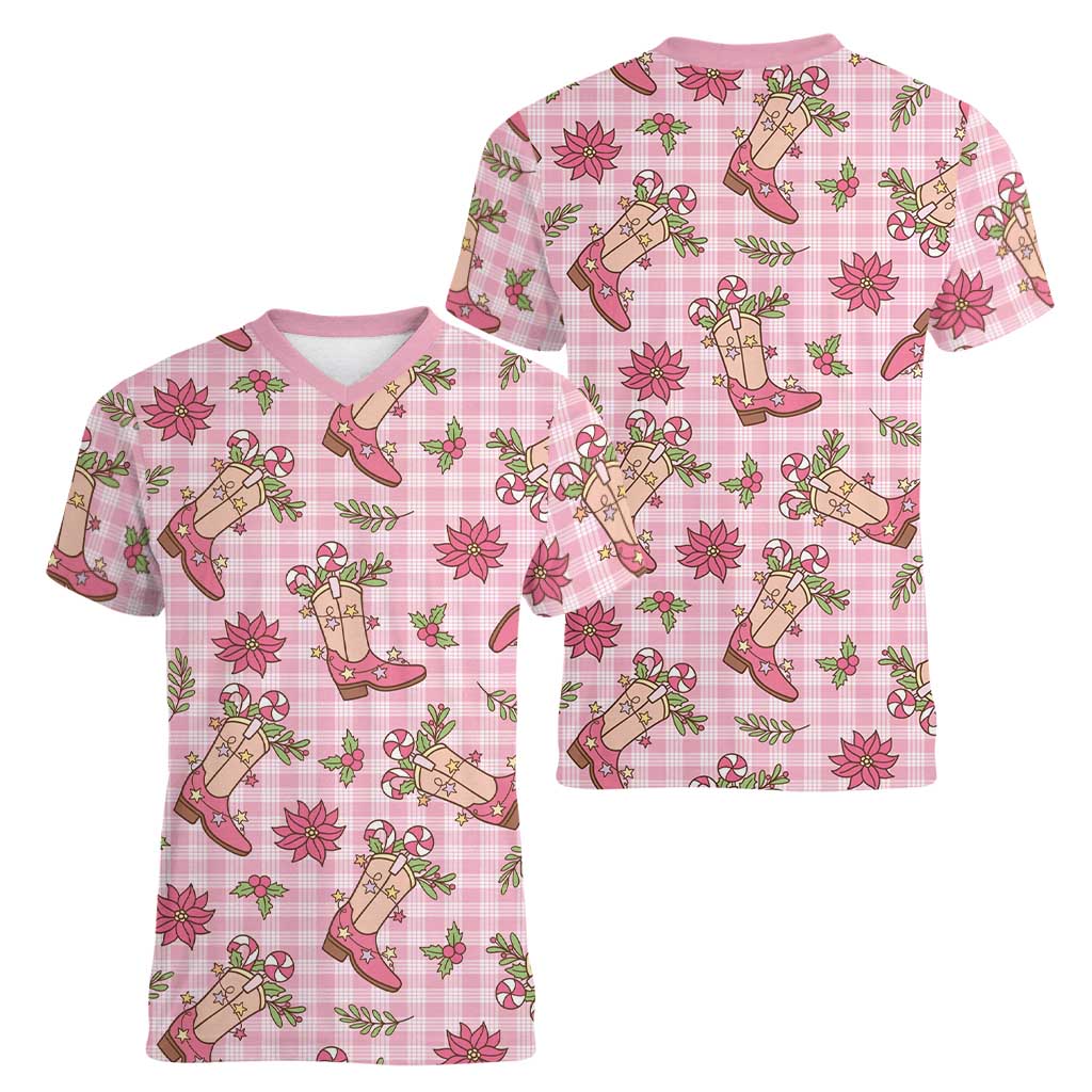 Pink Paniolo Palaka Hawaiian Cowgirl Christmas Women V-Neck T-Shirt LT9 - Polynesian Pride