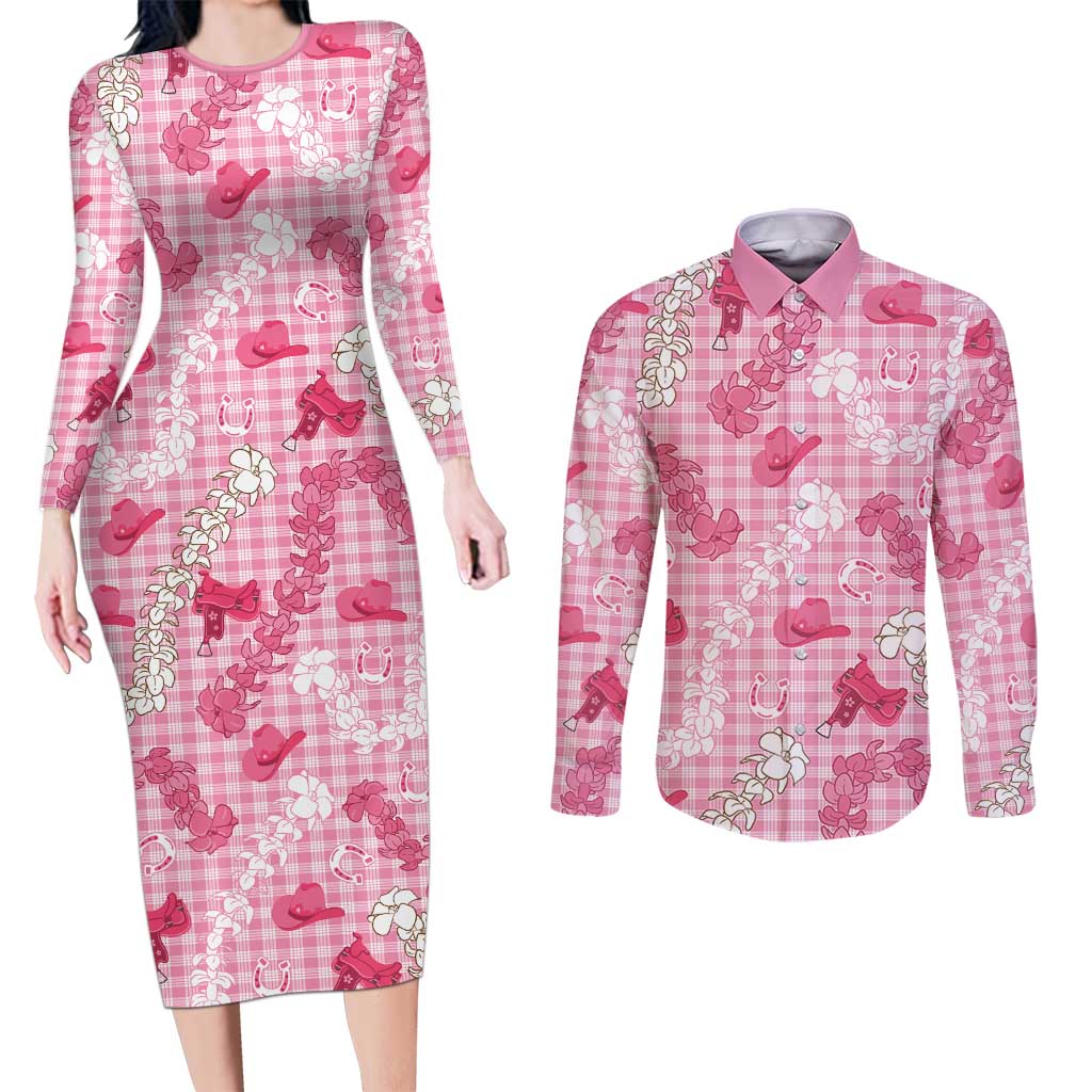 Paniolo Palaka Hawaiian Cowgirl Couples Matching Long Sleeve Bodycon Dress and Long Sleeve Button Shirt LT9 Pink - Polynesian Pride
