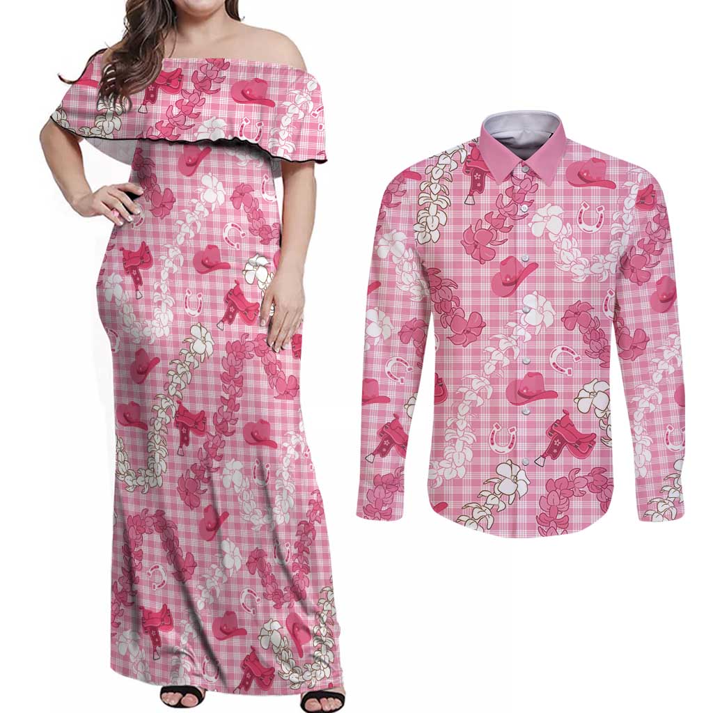 Paniolo Palaka Hawaiian Cowgirl Couples Matching Off Shoulder Maxi Dress and Long Sleeve Button Shirt LT9 Pink - Polynesian Pride