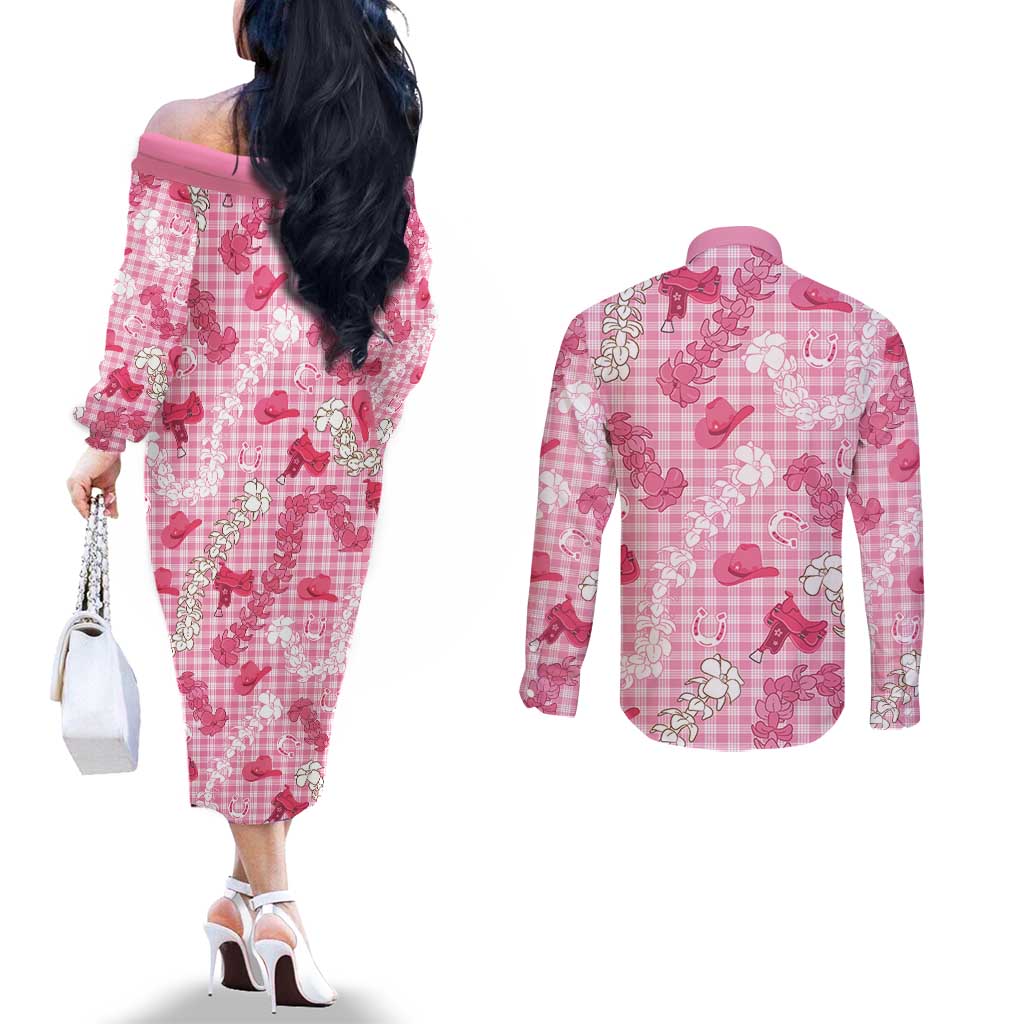 Paniolo Palaka Hawaiian Cowgirl Couples Matching Off The Shoulder Long Sleeve Dress and Long Sleeve Button Shirt LT9 - Polynesian Pride