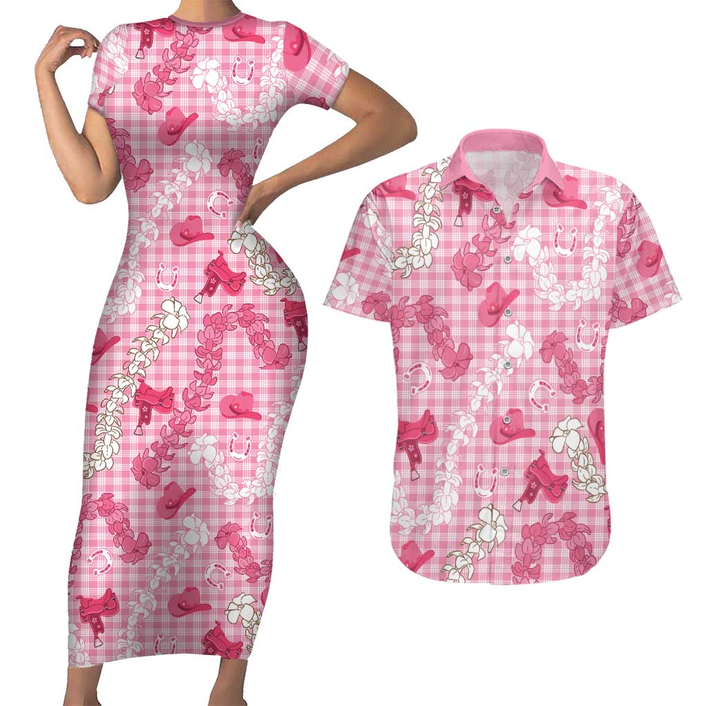 Paniolo Palaka Hawaiian Cowgirl Couples Matching Short Sleeve Bodycon Dress and Hawaiian Shirt LT9 Pink - Polynesian Pride