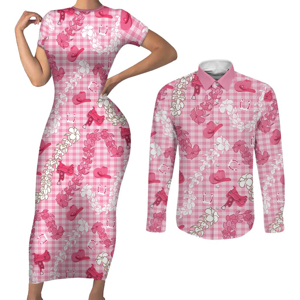 Paniolo Palaka Hawaiian Cowgirl Couples Matching Short Sleeve Bodycon Dress and Long Sleeve Button Shirt - Polynesian Pride