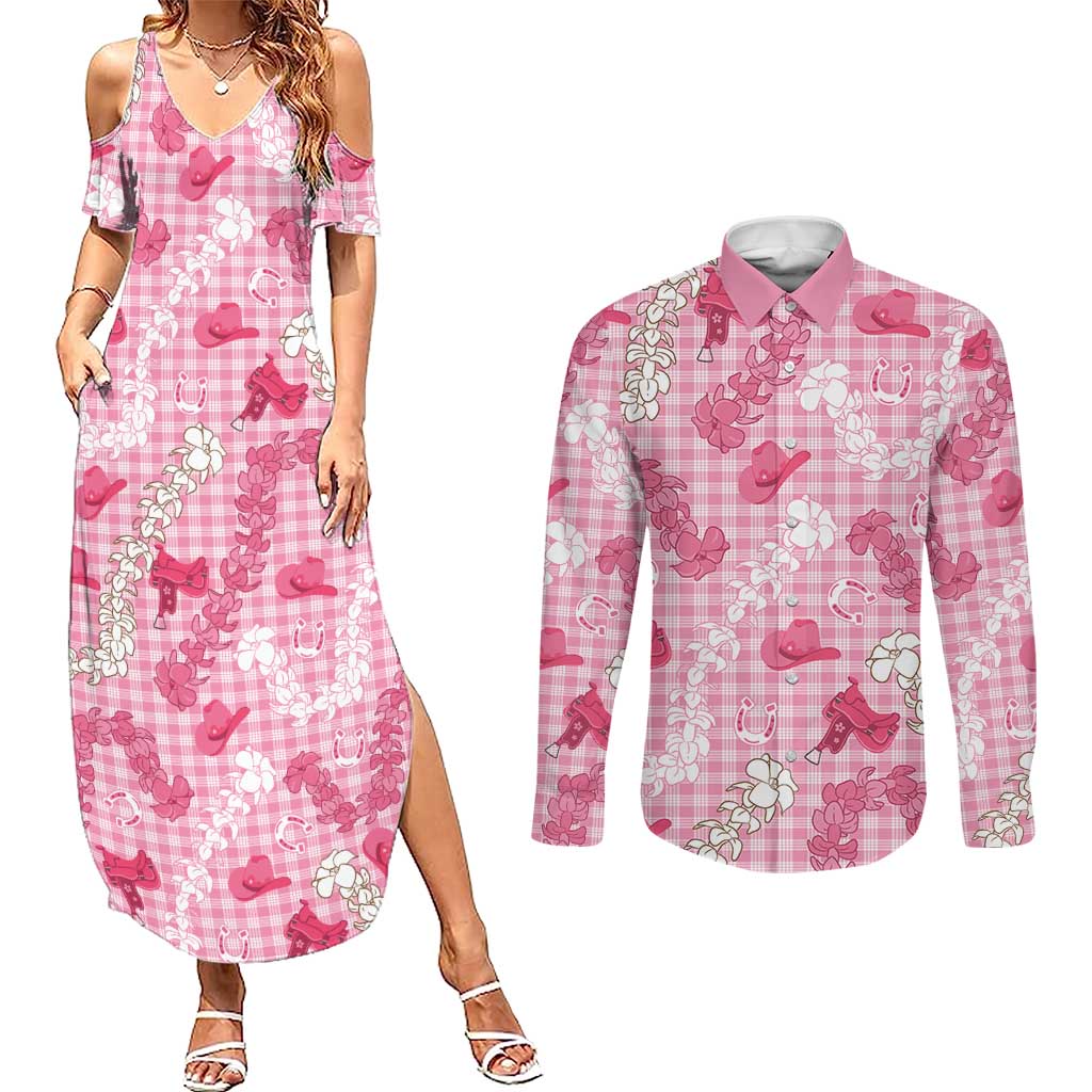 Paniolo Palaka Hawaiian Cowgirl Couples Matching Summer Maxi Dress and Long Sleeve Button Shirt LT9 Pink - Polynesian Pride