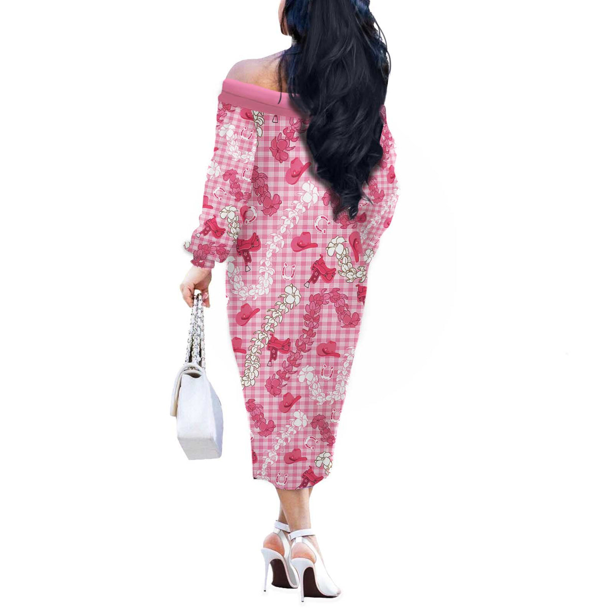 Paniolo Palaka Hawaiian Cowgirl Off The Shoulder Long Sleeve Dress LT9 - Polynesian Pride
