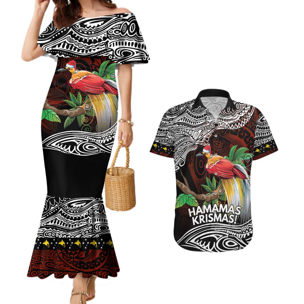 Papua New Guinea Christmas Couples Matching Mermaid Dress and Hawaiian Shirt - Polynesian Pride