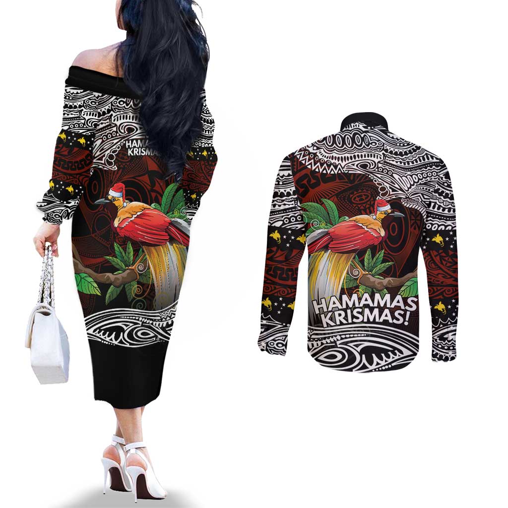 Papua New Guinea Christmas Couples Matching Off The Shoulder Long Sleeve Dress and Long Sleeve Button Shirt - Polynesian Pride