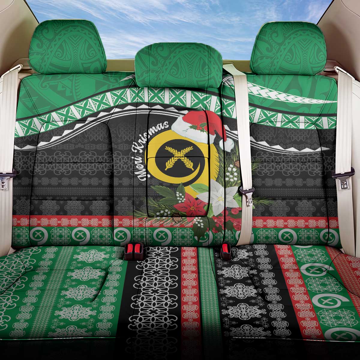 Vanuatu Pig's Tusk Meri Krismas! Back Car Seat Cover Vanuatuan Sand Drawing Pattern LT9 One Size Green - Polynesian Pride