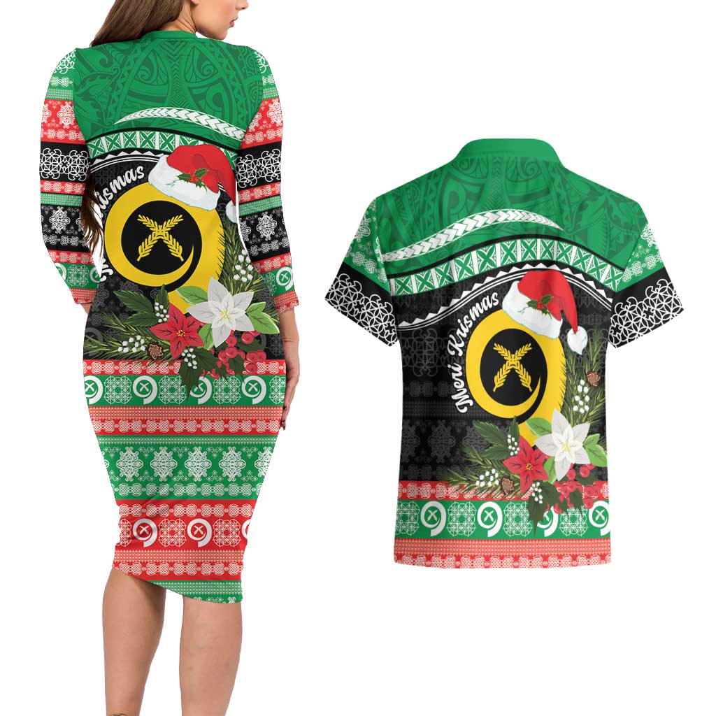 Vanuatu Pig's Tusk Meri Krismas! Couples Matching Long Sleeve Bodycon Dress and Hawaiian Shirt Vanuatuan Sand Drawing Pattern LT9 - Polynesian Pride