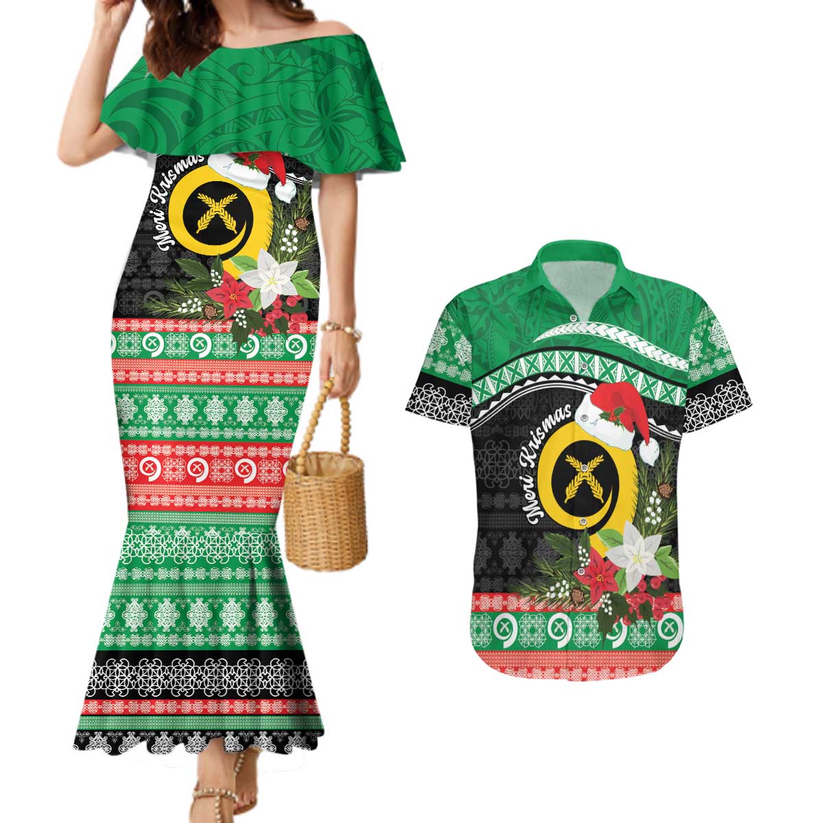 Vanuatu Pig's Tusk Meri Krismas! Couples Matching Mermaid Dress and Hawaiian Shirt Vanuatuan Sand Drawing Pattern LT9 Green - Polynesian Pride