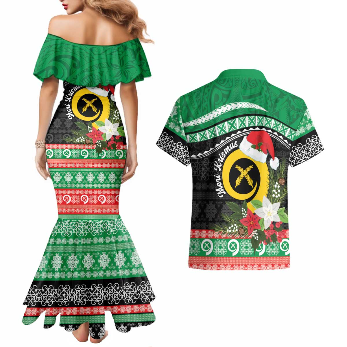Vanuatu Pig's Tusk Meri Krismas! Couples Matching Mermaid Dress and Hawaiian Shirt Vanuatuan Sand Drawing Pattern LT9 - Polynesian Pride