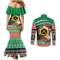 Vanuatu Pig's Tusk Meri Krismas! Couples Matching Mermaid Dress and Long Sleeve Button Shirt Vanuatuan Sand Drawing Pattern LT9 - Polynesian Pride
