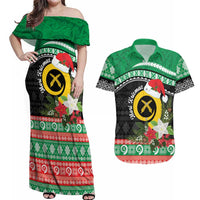 Vanuatu Pig's Tusk Meri Krismas! Couples Matching Off Shoulder Maxi Dress and Hawaiian Shirt Vanuatuan Sand Drawing Pattern LT9 Green - Polynesian Pride