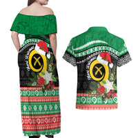 Vanuatu Pig's Tusk Meri Krismas! Couples Matching Off Shoulder Maxi Dress and Hawaiian Shirt Vanuatuan Sand Drawing Pattern LT9 - Polynesian Pride