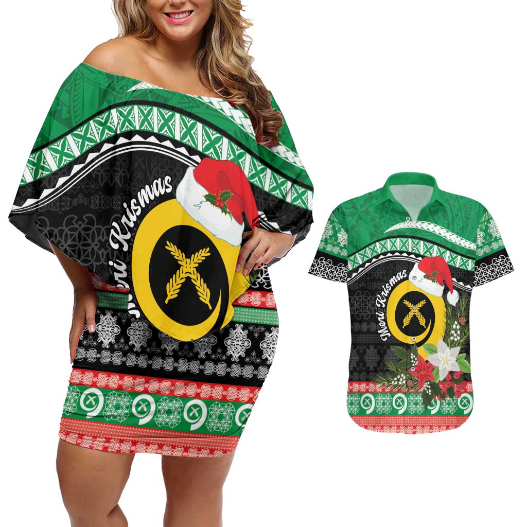 Vanuatu Pig's Tusk Meri Krismas! Couples Matching Off Shoulder Short Dress and Hawaiian Shirt Vanuatuan Sand Drawing Pattern LT9 Green - Polynesian Pride