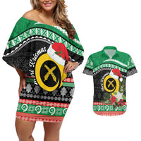 Vanuatu Pig's Tusk Meri Krismas! Couples Matching Off Shoulder Short Dress and Hawaiian Shirt Vanuatuan Sand Drawing Pattern LT9 Green - Polynesian Pride