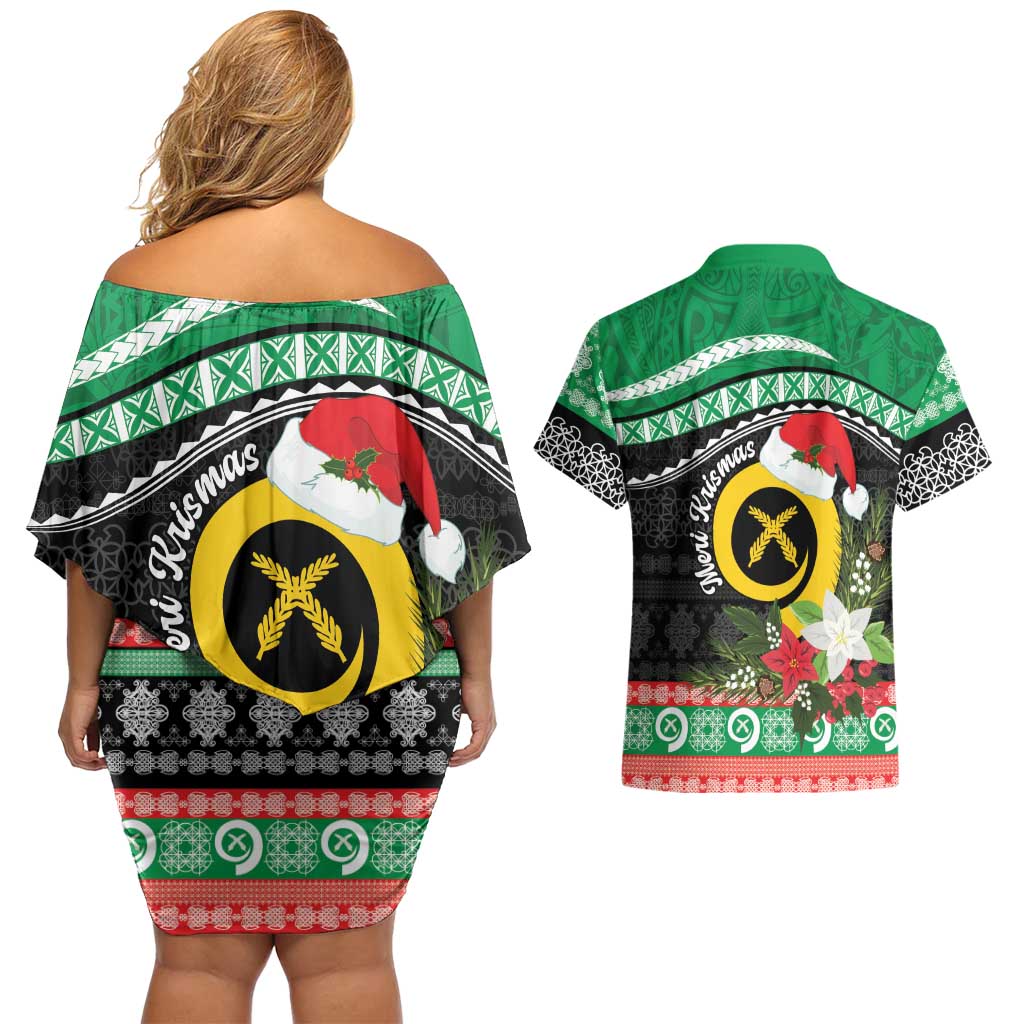 Vanuatu Pig's Tusk Meri Krismas! Couples Matching Off Shoulder Short Dress and Hawaiian Shirt Vanuatuan Sand Drawing Pattern LT9 - Polynesian Pride