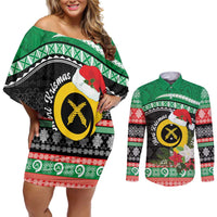 Vanuatu Pig's Tusk Meri Krismas! Couples Matching Off Shoulder Short Dress and Long Sleeve Button Shirt Vanuatuan Sand Drawing Pattern LT9 Green - Polynesian Pride