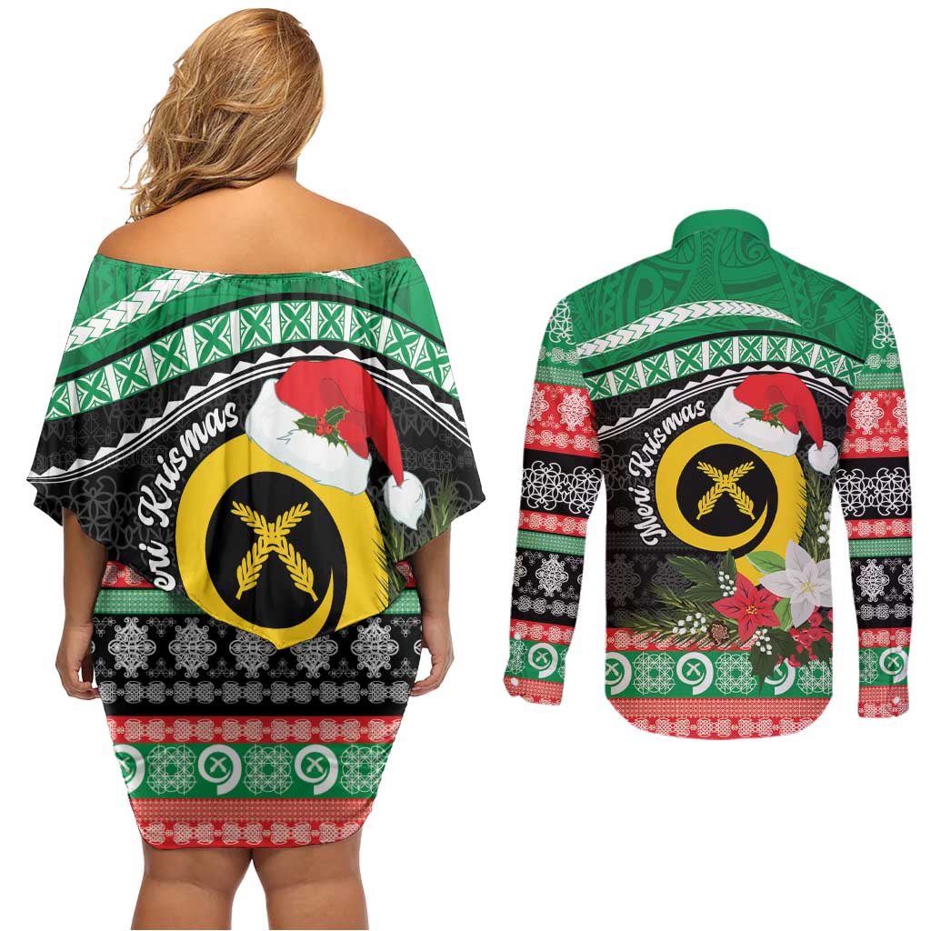 Vanuatu Pig's Tusk Meri Krismas! Couples Matching Off Shoulder Short Dress and Long Sleeve Button Shirt Vanuatuan Sand Drawing Pattern LT9 - Polynesian Pride