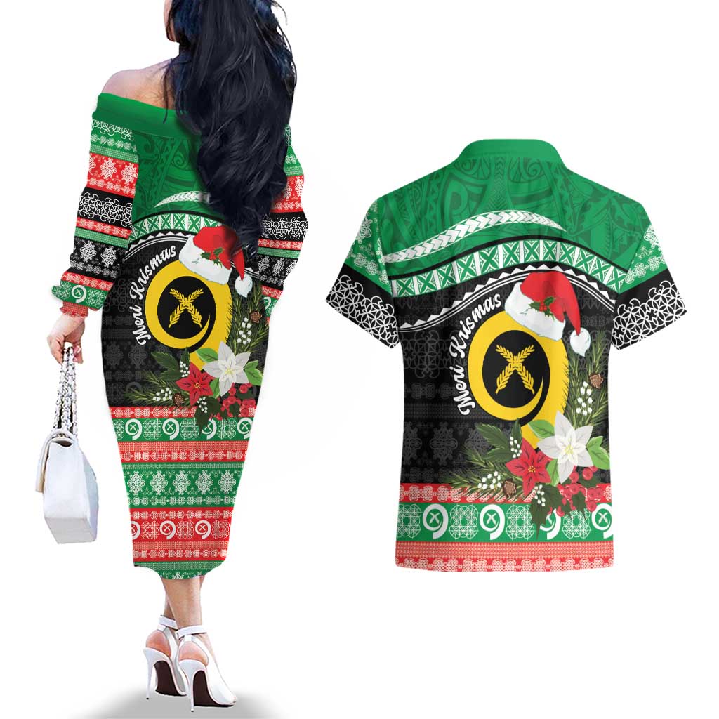 Vanuatu Pig's Tusk Meri Krismas! Couples Matching Off The Shoulder Long Sleeve Dress and Hawaiian Shirt Vanuatuan Sand Drawing Pattern LT9 - Polynesian Pride