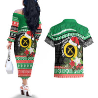 Vanuatu Pig's Tusk Meri Krismas! Couples Matching Off The Shoulder Long Sleeve Dress and Hawaiian Shirt Vanuatuan Sand Drawing Pattern LT9 - Polynesian Pride