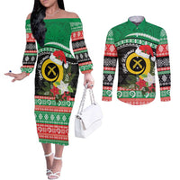Vanuatu Pig's Tusk Meri Krismas! Couples Matching Off The Shoulder Long Sleeve Dress and Long Sleeve Button Shirt Vanuatuan Sand Drawing Pattern LT9 Green - Polynesian Pride