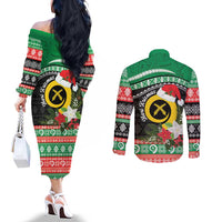 Vanuatu Pig's Tusk Meri Krismas! Couples Matching Off The Shoulder Long Sleeve Dress and Long Sleeve Button Shirt Vanuatuan Sand Drawing Pattern LT9 - Polynesian Pride