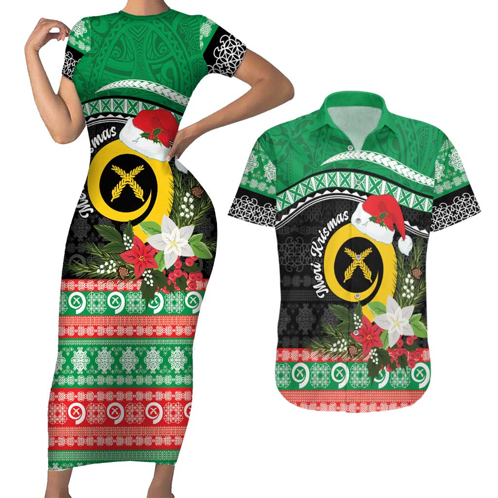 Vanuatu Pig's Tusk Meri Krismas! Couples Matching Short Sleeve Bodycon Dress and Hawaiian Shirt Vanuatuan Sand Drawing Pattern LT9 Green - Polynesian Pride