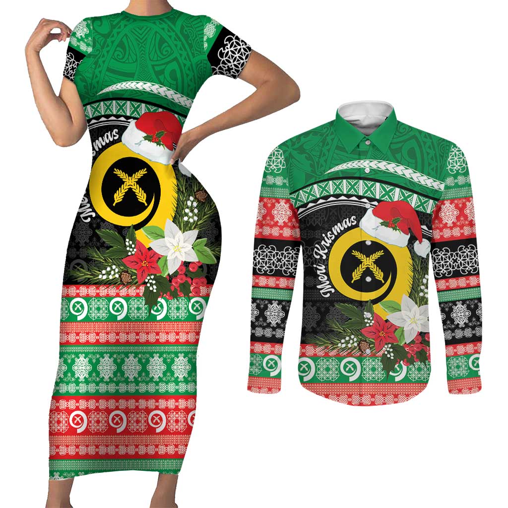 Vanuatu Pig's Tusk Meri Krismas! Couples Matching Short Sleeve Bodycon Dress and Long Sleeve Button Shirt Vanuatuan Sand Drawing Pattern - Polynesian Pride