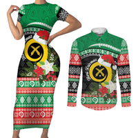 Vanuatu Pig's Tusk Meri Krismas! Couples Matching Short Sleeve Bodycon Dress and Long Sleeve Button Shirt Vanuatuan Sand Drawing Pattern LT9 Green - Polynesian Pride