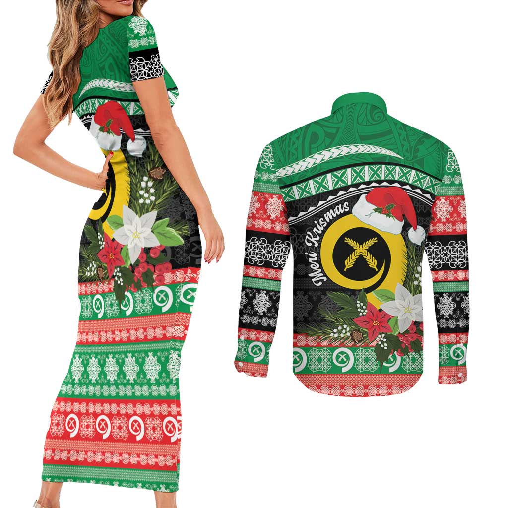 Vanuatu Pig's Tusk Meri Krismas! Couples Matching Short Sleeve Bodycon Dress and Long Sleeve Button Shirt Vanuatuan Sand Drawing Pattern LT9 - Polynesian Pride