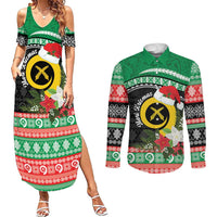 Vanuatu Pig's Tusk Meri Krismas! Couples Matching Summer Maxi Dress and Long Sleeve Button Shirt Vanuatuan Sand Drawing Pattern - Polynesian Pride