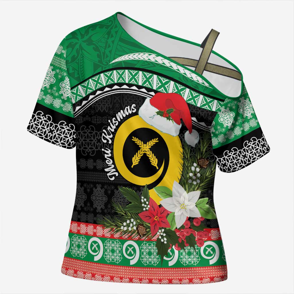 Vanuatu Pig's Tusk Meri Krismas! Cross Shoulder Shirt Vanuatuan Sand Drawing Pattern LT9 Female Green - Polynesian Pride