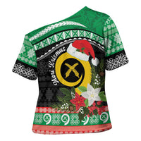 Vanuatu Pig's Tusk Meri Krismas! Cross Shoulder Shirt Vanuatuan Sand Drawing Pattern LT9 - Polynesian Pride