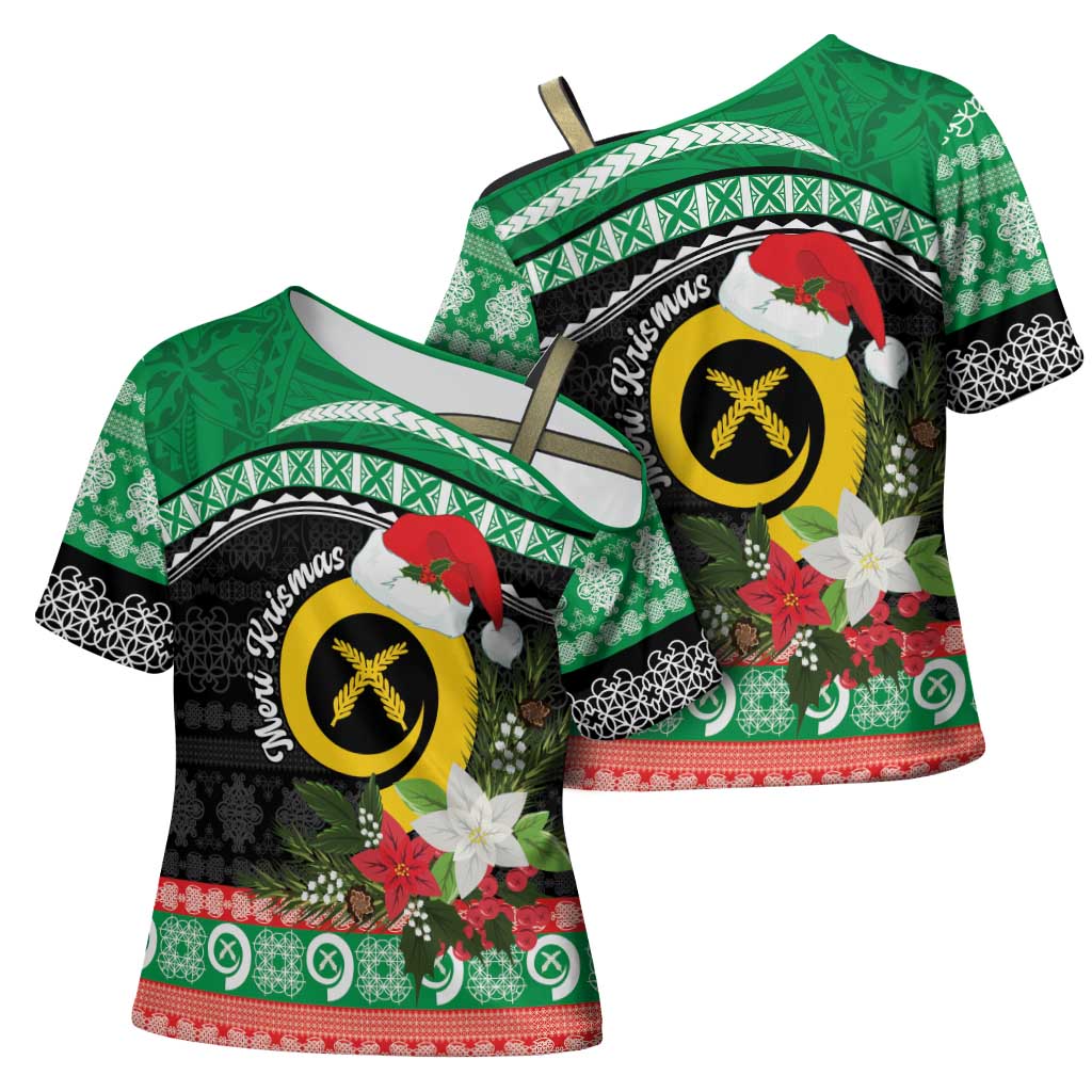 Vanuatu Pig's Tusk Meri Krismas! Cross Shoulder Shirt Vanuatuan Sand Drawing Pattern LT9 - Polynesian Pride