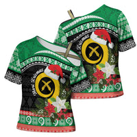 Vanuatu Pig's Tusk Meri Krismas! Cross Shoulder Shirt Vanuatuan Sand Drawing Pattern LT9 - Polynesian Pride