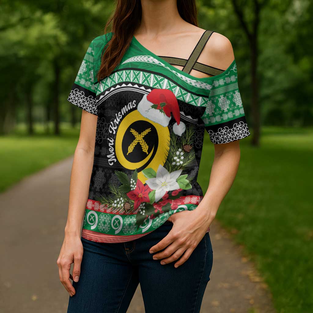 Vanuatu Pig's Tusk Meri Krismas! Cross Shoulder Shirt Vanuatuan Sand Drawing Pattern LT9 - Polynesian Pride