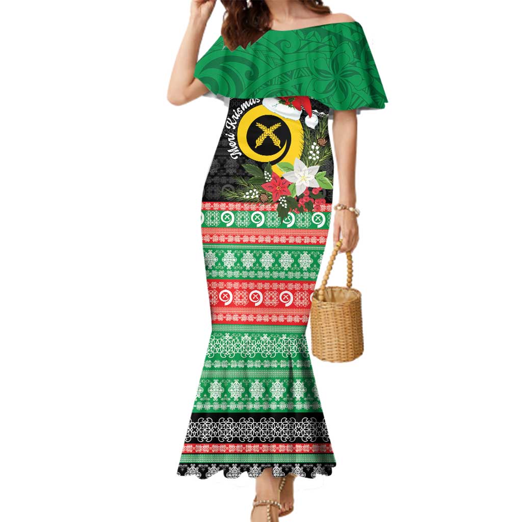 Vanuatu Pig's Tusk Meri Krismas! Family Matching Mermaid Dress and Hawaiian Shirt Vanuatuan Sand Drawing Pattern LT9 Mom's Dress Green - Polynesian Pride