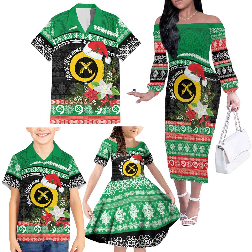 Vanuatu Pig's Tusk Meri Krismas! Family Matching Off The Shoulder Long Sleeve Dress and Hawaiian Shirt Vanuatuan Sand Drawing Pattern LT9 - Polynesian Pride