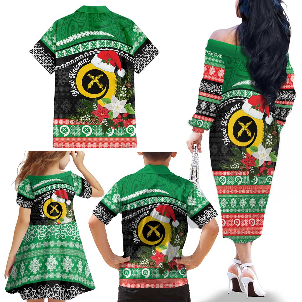 Vanuatu Pig's Tusk Meri Krismas! Family Matching Off The Shoulder Long Sleeve Dress and Hawaiian Shirt Vanuatuan Sand Drawing Pattern LT9 - Polynesian Pride