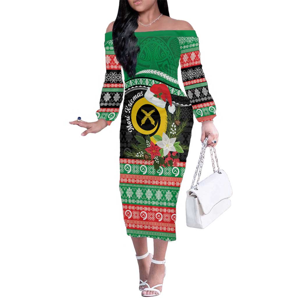 Vanuatu Pig's Tusk Meri Krismas! Family Matching Off The Shoulder Long Sleeve Dress and Hawaiian Shirt Vanuatuan Sand Drawing Pattern LT9 Mom's Dress Green - Polynesian Pride