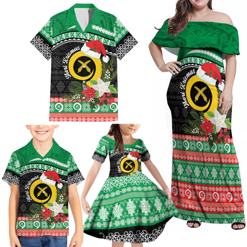 Vanuatu Pig's Tusk Meri Krismas! Family Matching Off Shoulder Maxi Dress and Hawaiian Shirt Vanuatuan Sand Drawing Pattern LT9 - Polynesian Pride