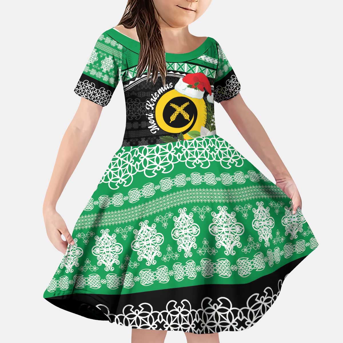 Vanuatu Pig's Tusk Meri Krismas! Kid Short Sleeve Dress Vanuatuan Sand Drawing Pattern - Polynesian Pride