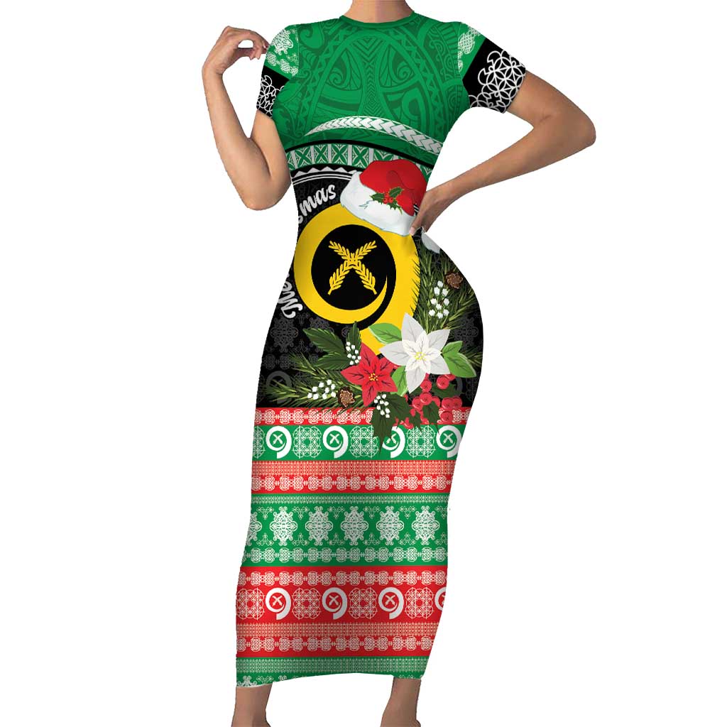 Vanuatu Pig's Tusk Meri Krismas! Short Sleeve Bodycon Dress Vanuatuan Sand Drawing Pattern LT9 Long Dress Green - Polynesian Pride