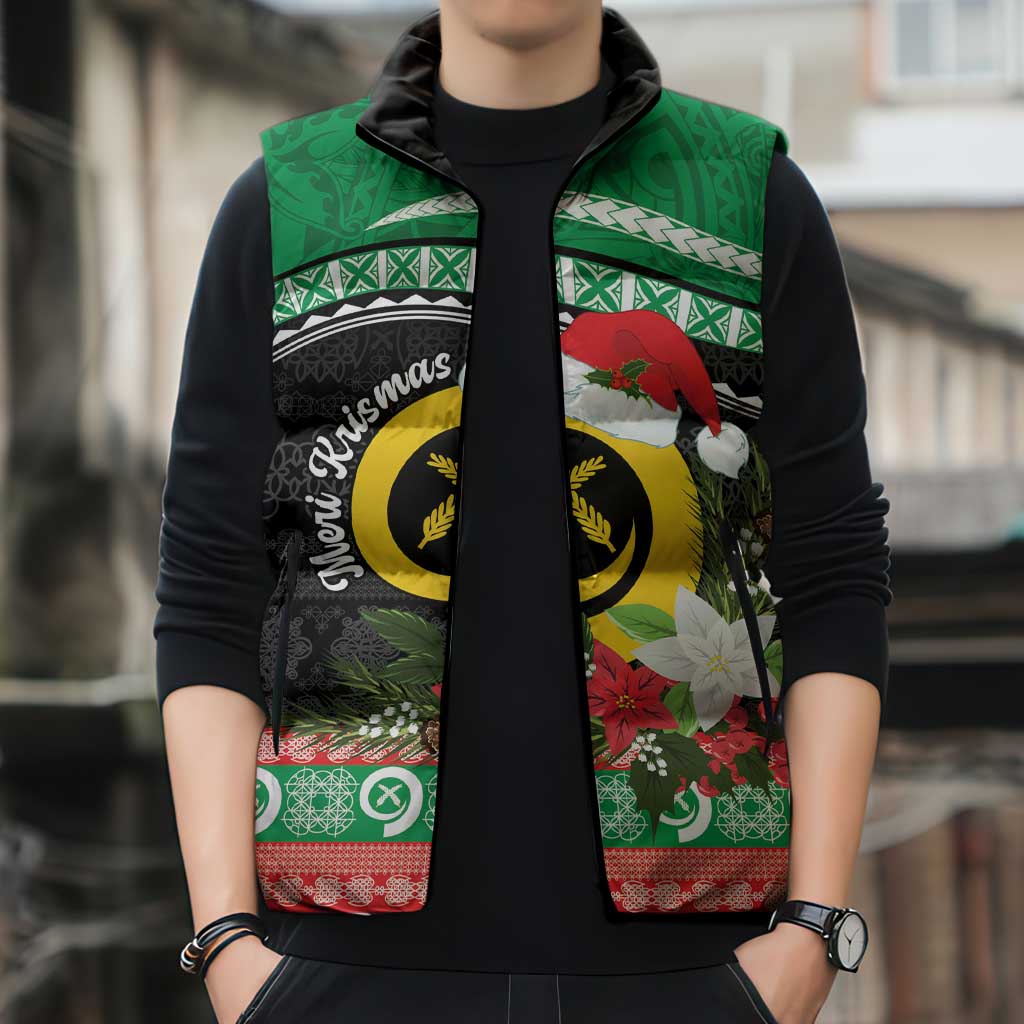 Vanuatu Pig's Tusk Meri Krismas! Sleeveless Puffer Jacket Vanuatuan Sand Drawing Pattern LT9 - Polynesian Pride