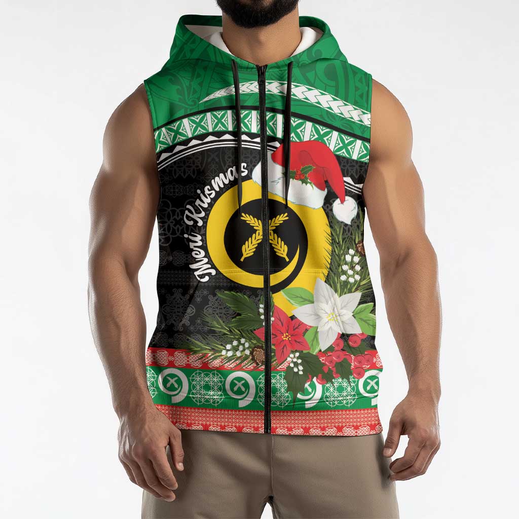 Vanuatu Pig's Tusk Meri Krismas! Sleeveless Zip Hoodie Vanuatuan Sand Drawing Pattern LT9 - Polynesian Pride