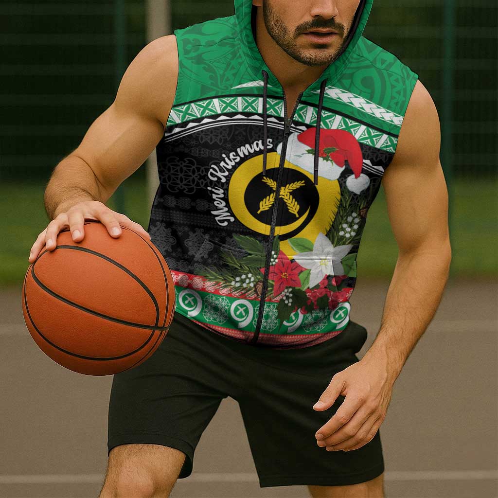 Vanuatu Pig's Tusk Meri Krismas! Sleeveless Zip Hoodie Vanuatuan Sand Drawing Pattern LT9 - Polynesian Pride