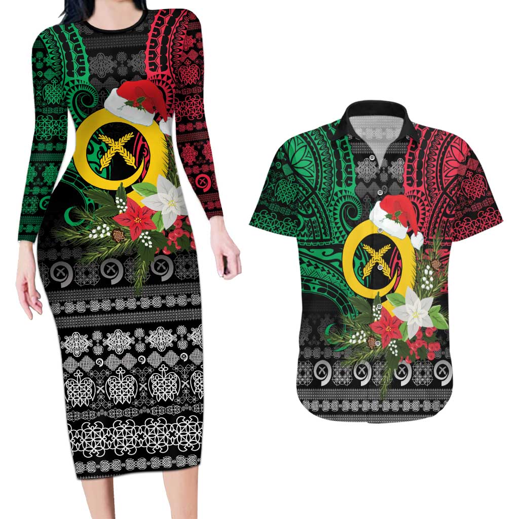 Vanuatu Pig's Tusk Meri Krismas! Couples Matching Long Sleeve Bodycon Dress and Hawaiian Shirt Vanuatuan Ancient Art Spirit LT9 Black - Polynesian Pride
