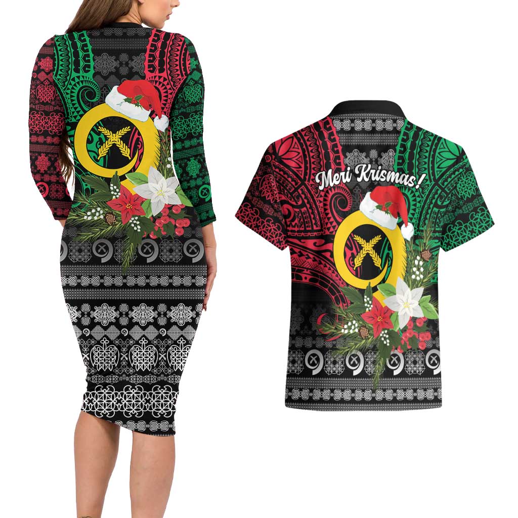 Vanuatu Pig's Tusk Meri Krismas! Couples Matching Long Sleeve Bodycon Dress and Hawaiian Shirt Vanuatuan Ancient Art Spirit LT9 - Polynesian Pride