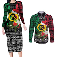 Vanuatu Pig's Tusk Meri Krismas! Couples Matching Long Sleeve Bodycon Dress and Long Sleeve Button Shirt Vanuatuan Ancient Art Spirit LT9 Black - Polynesian Pride