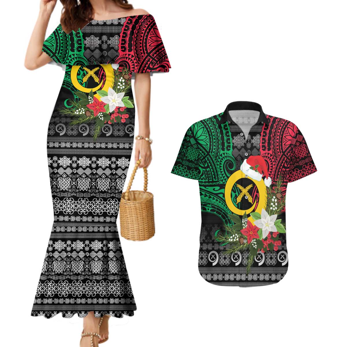 Vanuatu Pig's Tusk Meri Krismas! Couples Matching Mermaid Dress and Hawaiian Shirt Vanuatuan Ancient Art Spirit - Polynesian Pride